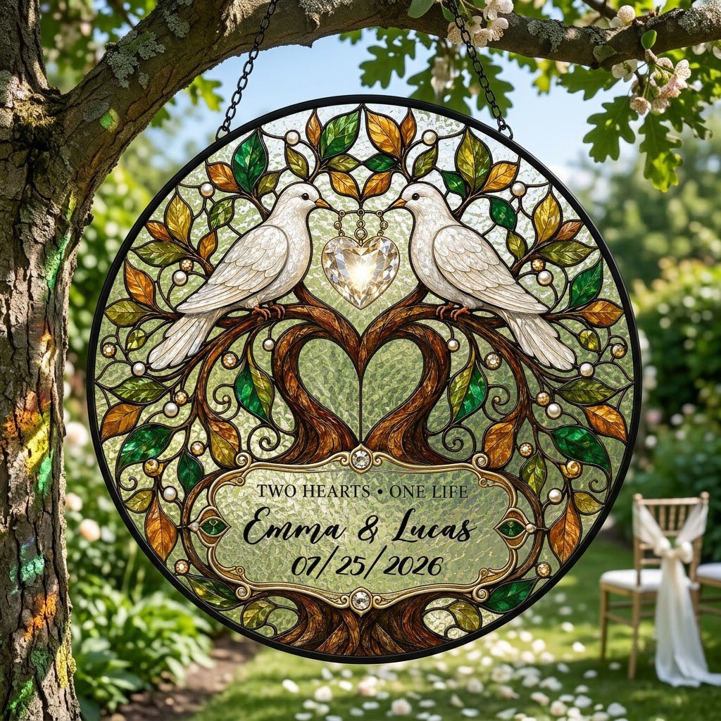 Personalized Wedding Doves & Tree of Life Two Hearts One Life Stained Glass Round Suncatcher