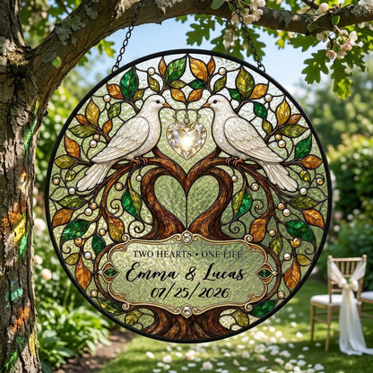 Personalized Wedding Doves & Tree of Life Two Hearts One Life Stained Glass Round Suncatcher