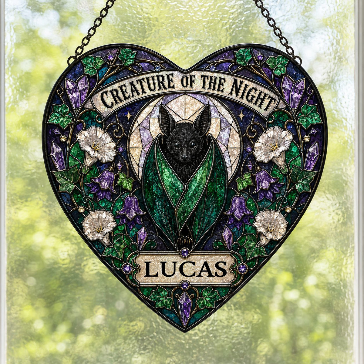 Heart stained glass suncatcher with a black bat over a moon, ivy, white morning glory flowers, purple bellflowers, and c