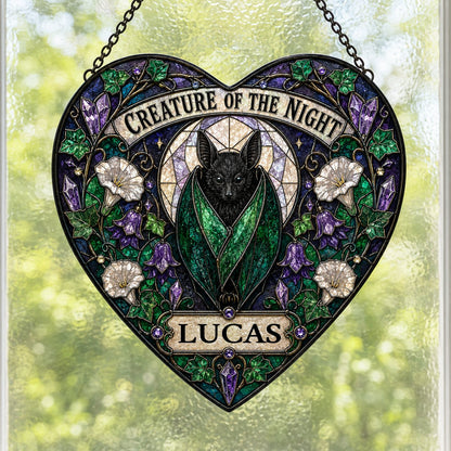 Heart stained glass suncatcher with a black bat over a moon, ivy, white morning glory flowers, purple bellflowers, and c