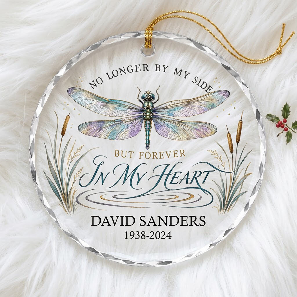 Personalized Dragonfly Memorial No Longer By My Side Round Glass Ornament