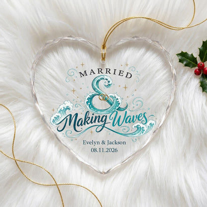 Personalized Married & Making Waves Coastal Heart Glass Ornament