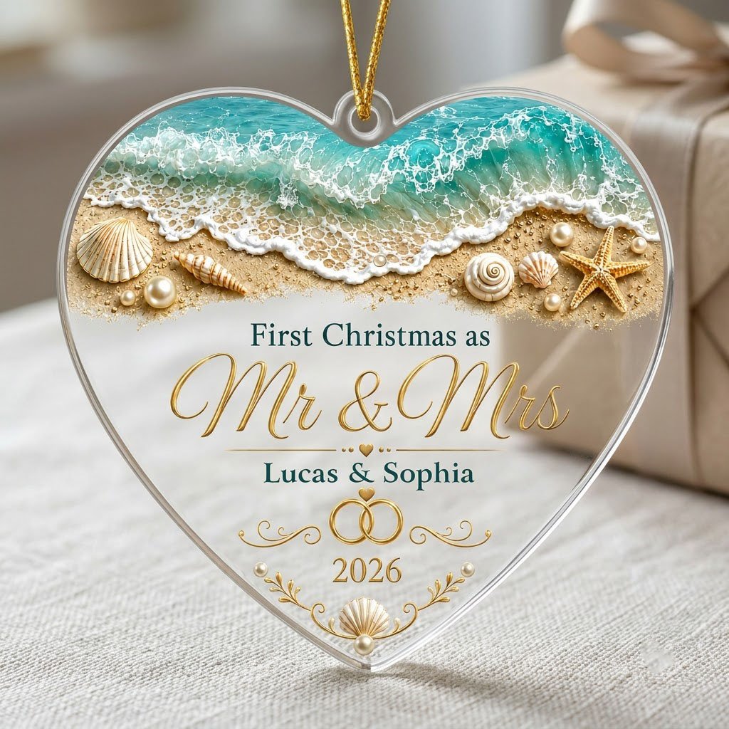Personalized Beach Ocean First Christmas as Mr & Mrs Heart Acrylic Ornament, Custom Destination Wedding Keepsake