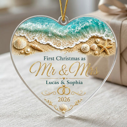 Personalized Beach Ocean First Christmas as Mr & Mrs Heart Acrylic Ornament, Custom Destination Wedding Keepsake