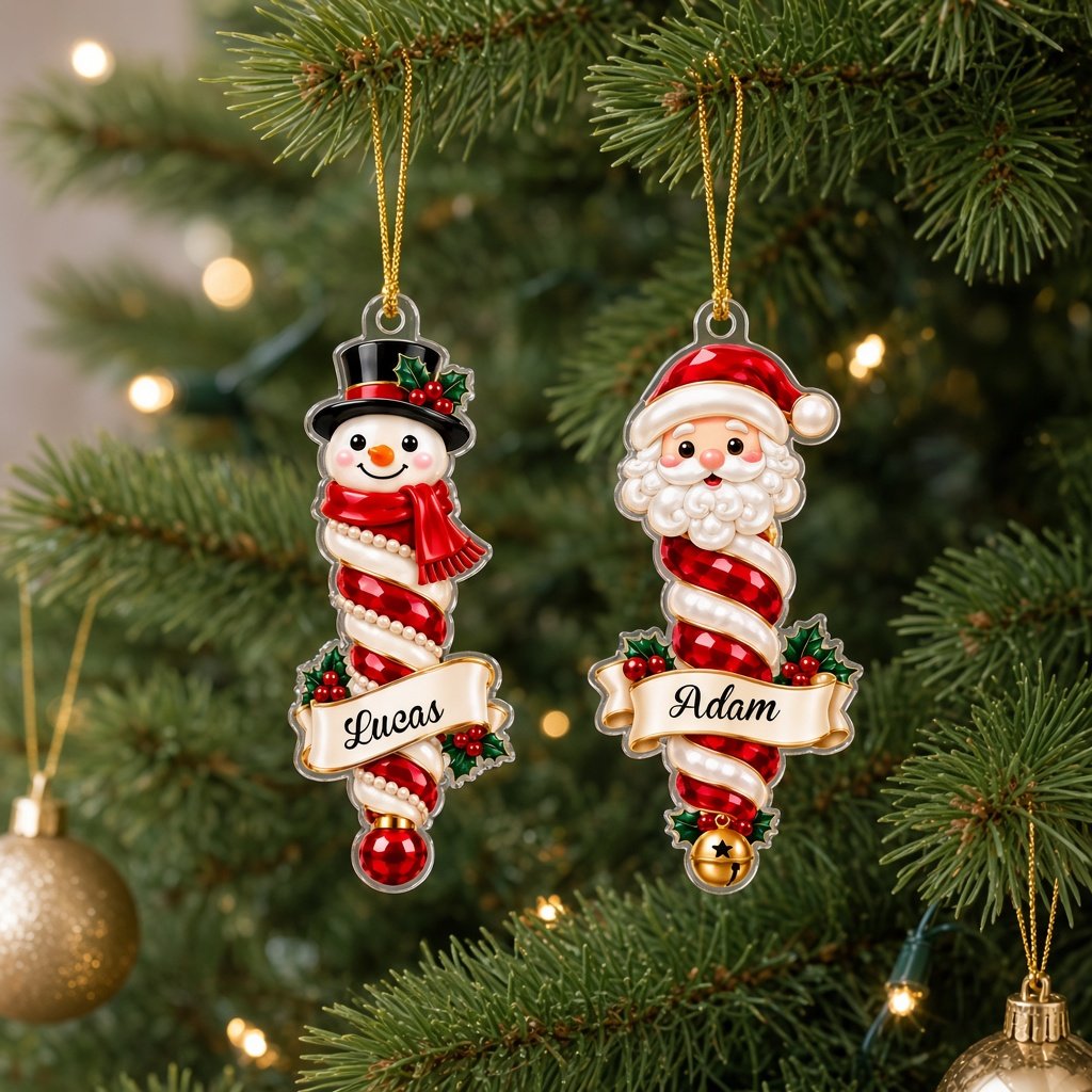 Custom-cut clear acrylic ornaments: a Christmas tree finial and a Mrs. Claus finial with cream name banners.