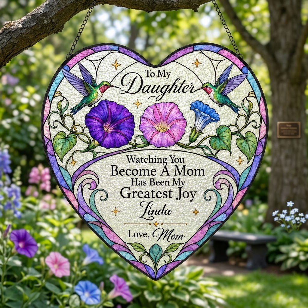 Heart-shaped stained-glass suncatcher with two hummingbirds, morning glory flowers, and 'To My Daughter' text.