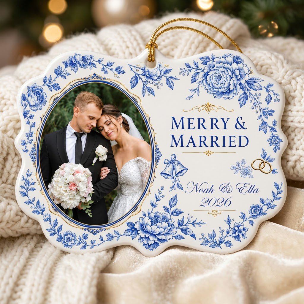 Scalloped ceramic ornament with blue floral border, 'MERRY & MARRIED', gold rings and bells, and a couple photo frame.