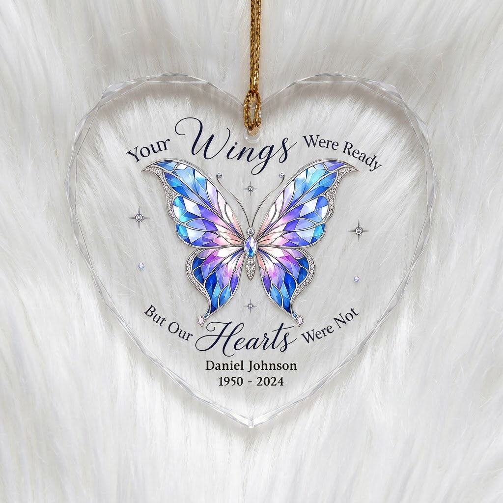 Personalized Butterfly Memorial Your Wings Were Ready Jeweled Heart Glass Ornament