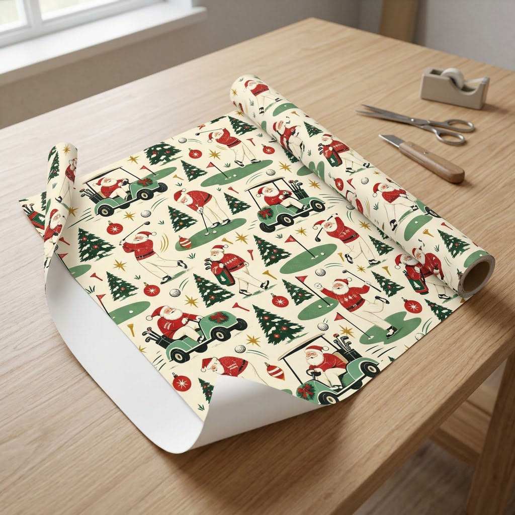 Wrapping paper with Santa Claus golfing, golf carts, trees, ornaments and golf gear on a cream background.