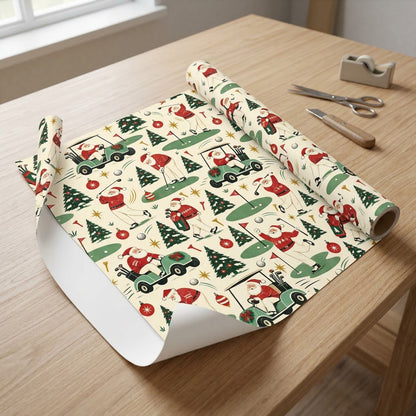 Wrapping paper with Santa Claus golfing, golf carts, trees, ornaments and golf gear on a cream background.