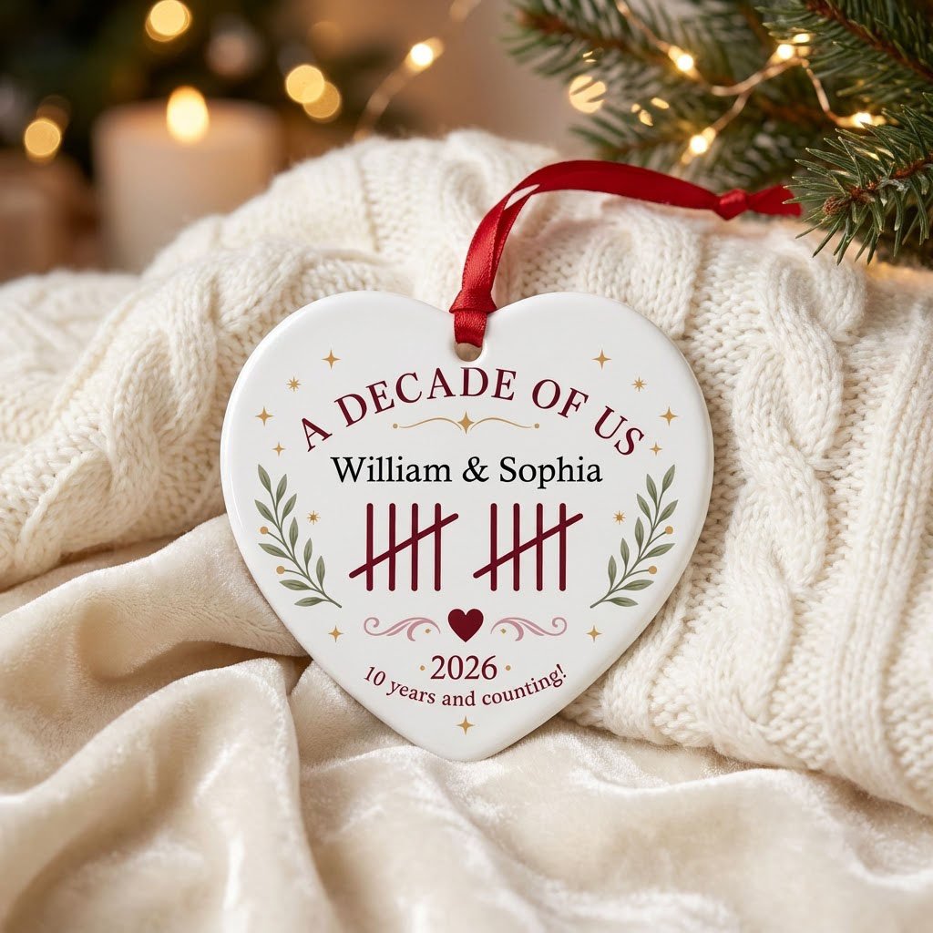 Heart ceramic ornament with 'A Decade of Us', • 2026 •, tally marks, green branches, gold stars, and couple names.