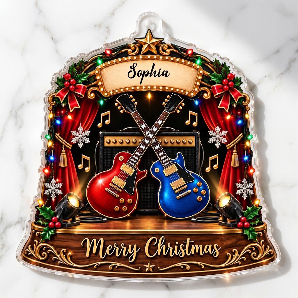 Custom-cut acrylic ornament with crossed red and blue guitars, Merry Christmas marquee, curtains and holly.