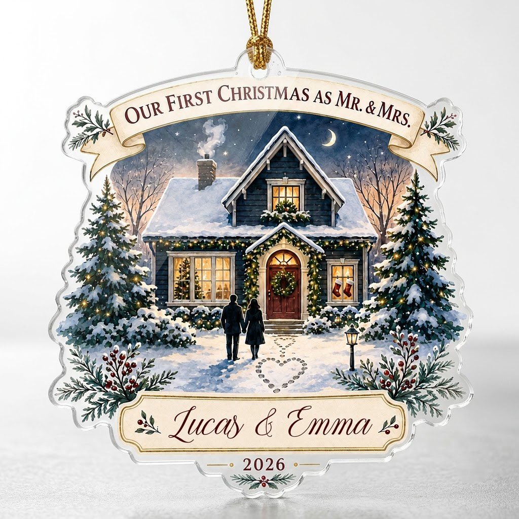 Personalized Our First Christmas as Mr & Mrs Cozy House Acrylic Ornament, Custom Newlywed First Home Keepsake