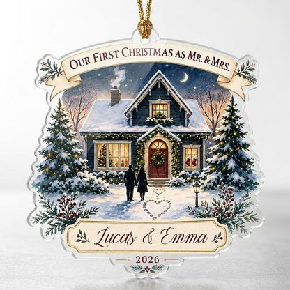 Personalized Our First Christmas as Mr & Mrs Cozy House Acrylic Ornament, Custom Newlywed First Home Keepsake