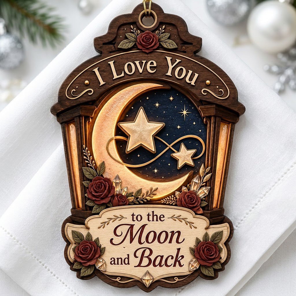Wood ornament with red roses, crescent moon and stars on a night sky, and the phrase I Love You to the Moon and Back.