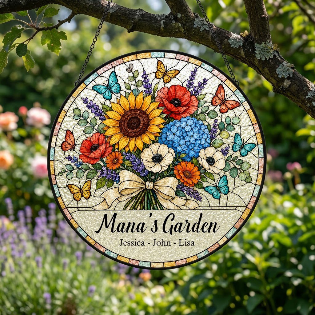 Round stained-glass style suncatcher with floral bouquet, butterflies, and 'Mana's Garden' with names.
