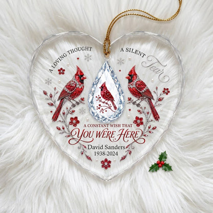 Personalized Red Cardinals Crystal Teardrop Memorial Heart Glass Ornament