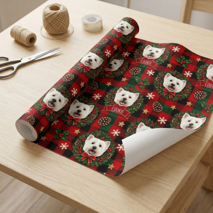 Red and green plaid wrapping paper with Westie in wreaths, snowflakes, stars, holly, and a name on red banners.
