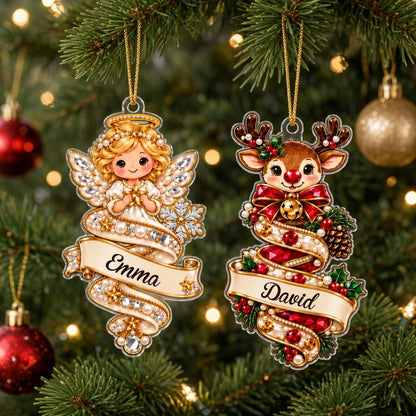 A custom-cut clear acrylic ornament shows a polar bear and Mrs. Claus in a jeweled spiral with a name banner and red rib