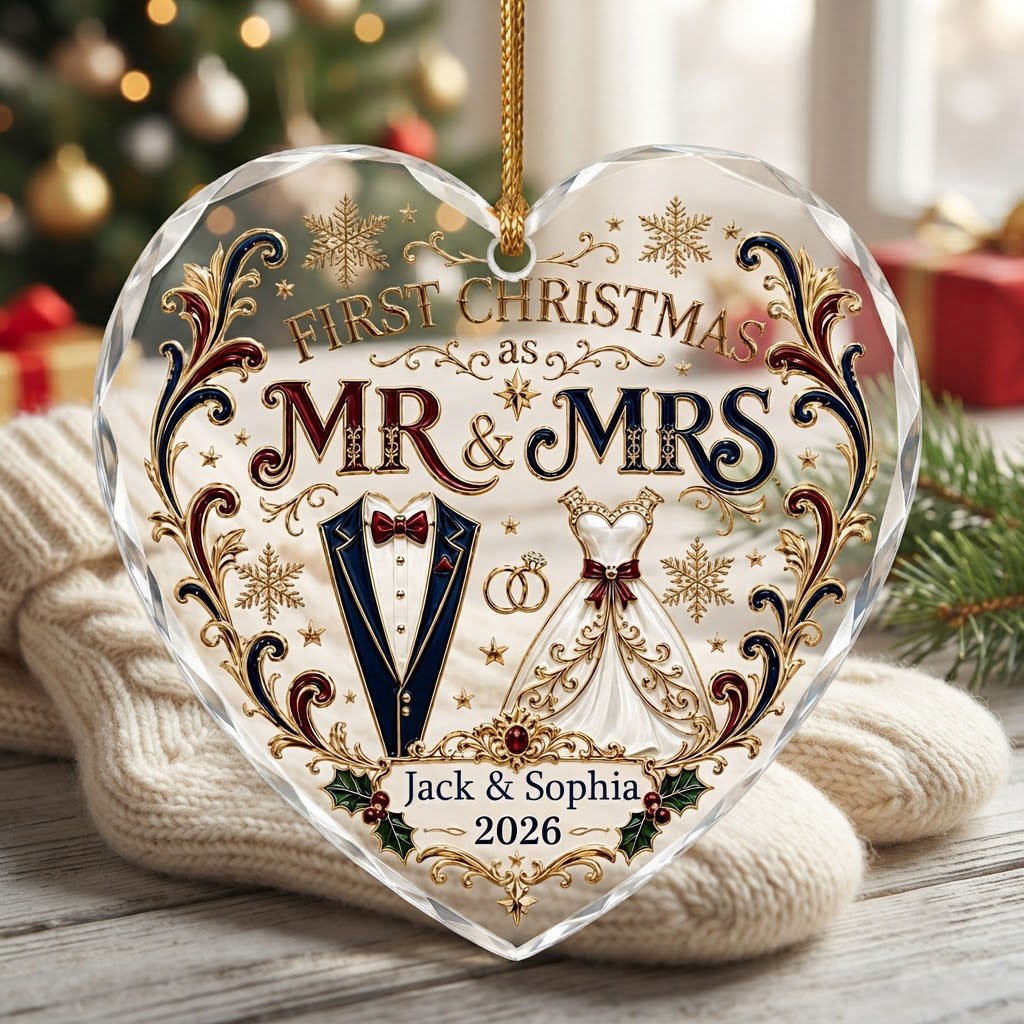 Personalized First Christmas as Mr & Mrs Tuxedo Gown Heart Glass Ornament
