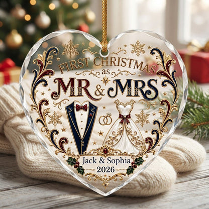 Personalized First Christmas as Mr & Mrs Tuxedo Gown Heart Glass Ornament