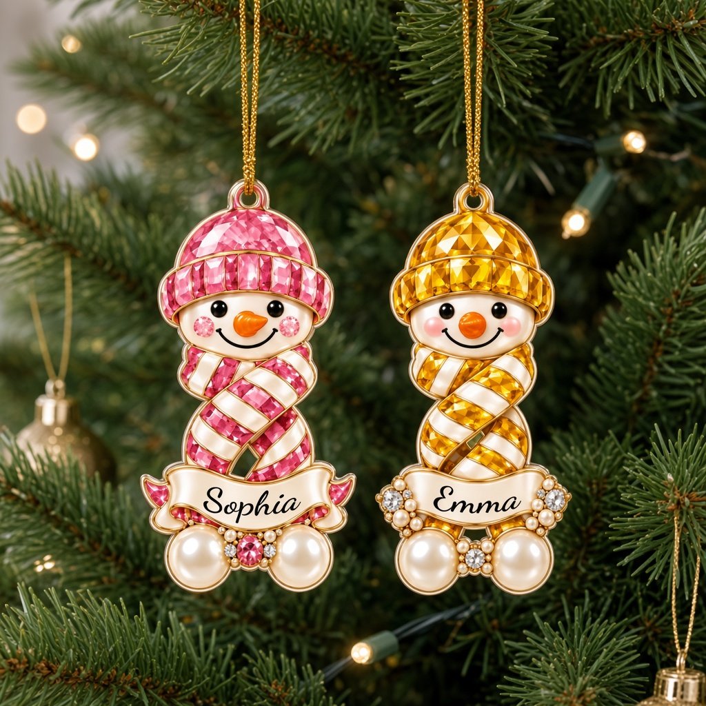 Custom-cut acrylic snowman ornament with jeweled hat and scarf, name banner, and faux pearl base.