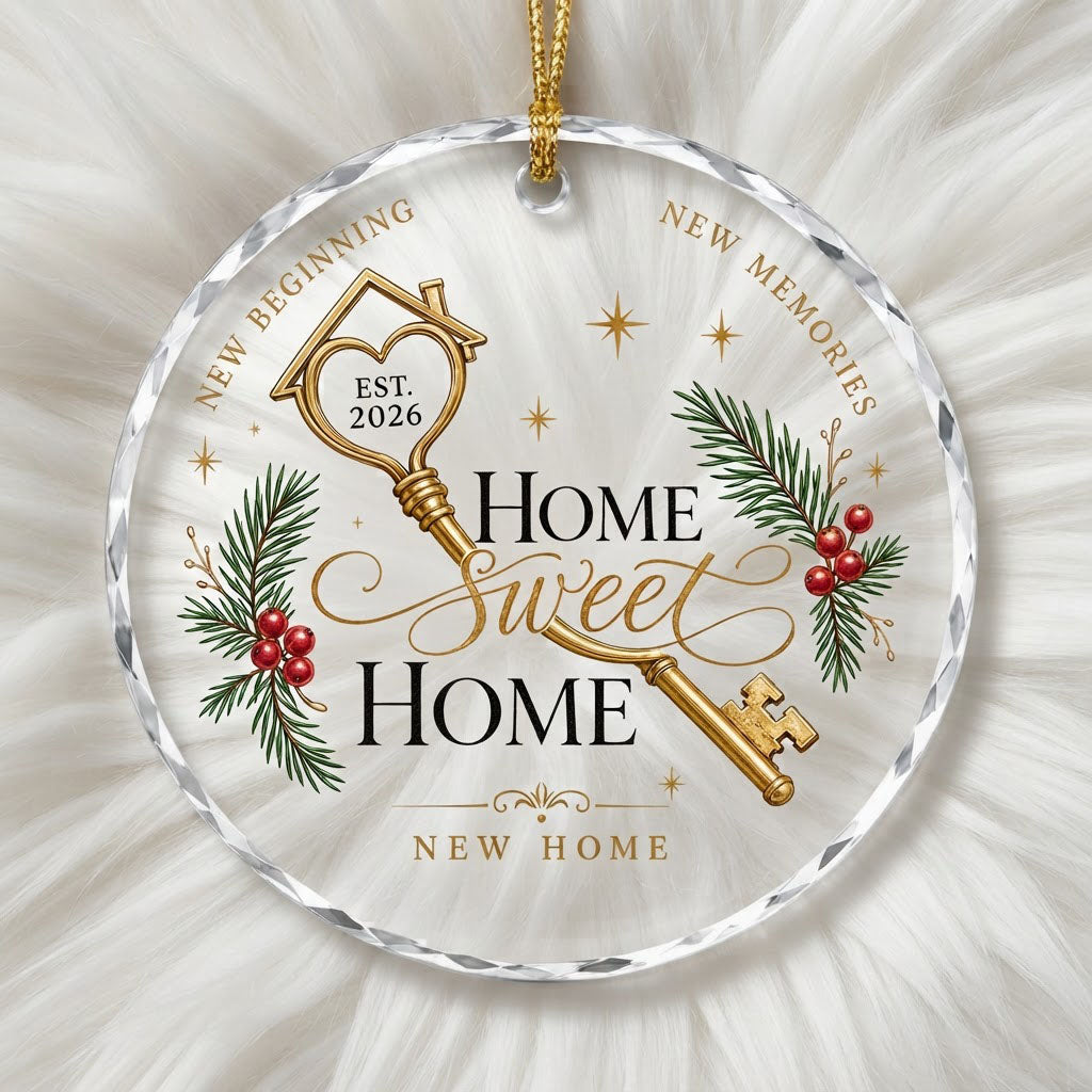 Personalized Home Sweet Home Golden Key Round Glass Ornament