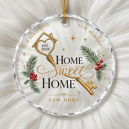Personalized Home Sweet Home Golden Key Round Glass Ornament