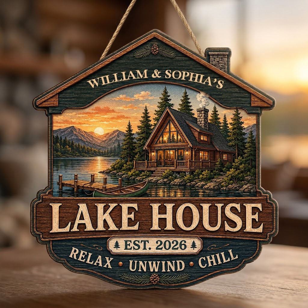 Personalized Lake House Cabin Roof Sunset Wooden Hanging Sign