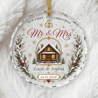 Personalized Our First Christmas as Mr & Mrs Winter Cabin Round Glass Ornament