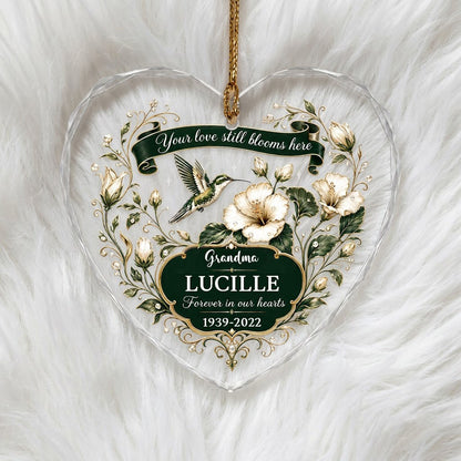 Personalized Hummingbird Memorial Your Love Still Blooms Here Emerald Banner Heart Glass Ornament