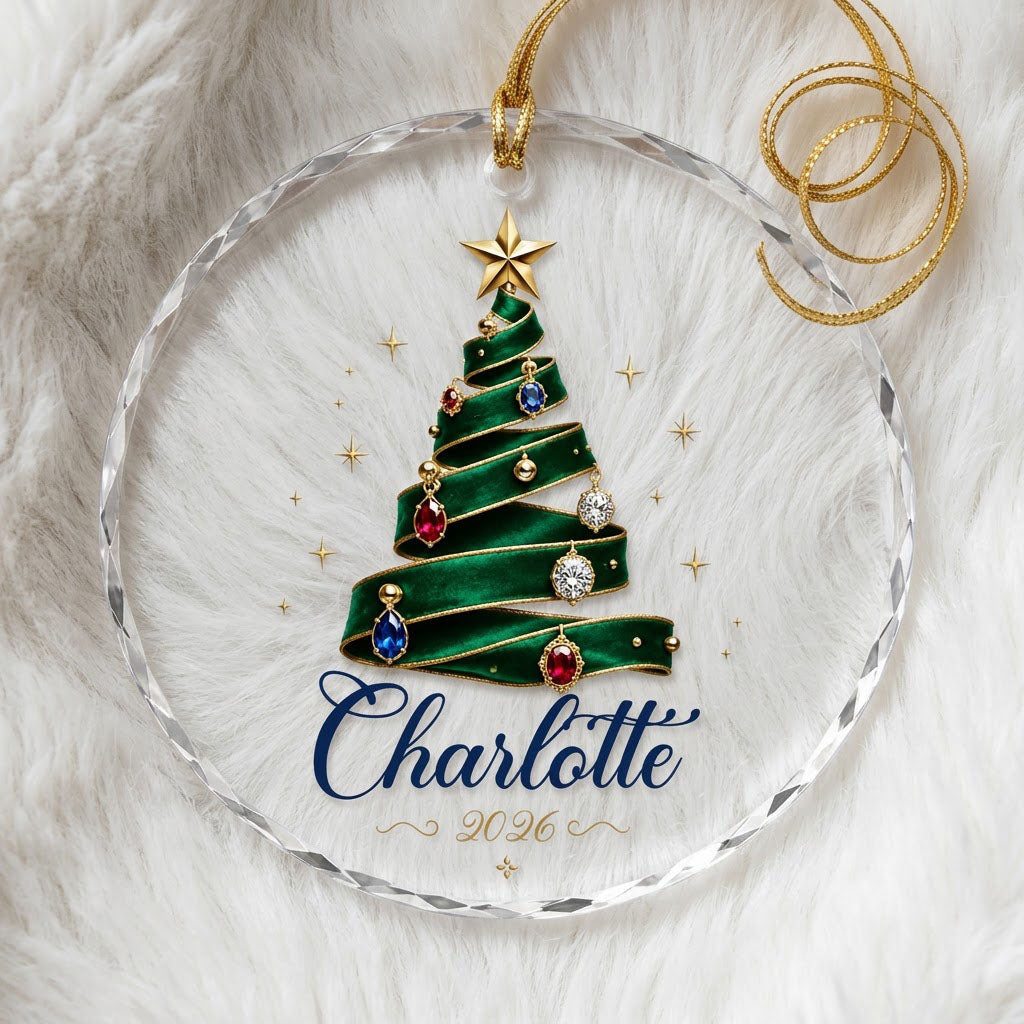 Round glass ornament with emerald ribbon tree, gold star and gem ornaments, personalized with name and year.