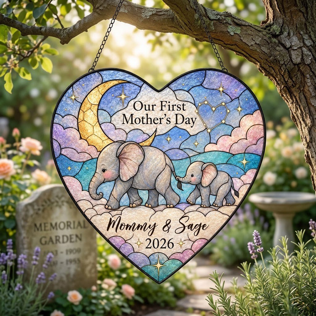 Heart stained-glass suncatcher with mom and baby elephants, crescent moon, pastel clouds, and gold stars.