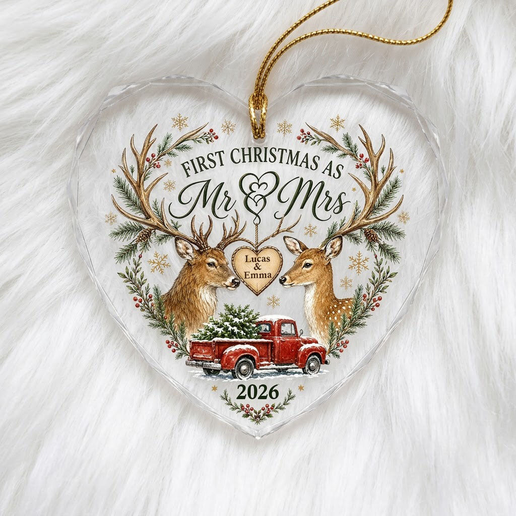 Personalized First Christmas as Mr & Mrs Deer Antlers Red Truck Heart Glass Ornament