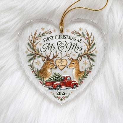 Personalized First Christmas as Mr & Mrs Deer Antlers Red Truck Heart Glass Ornament