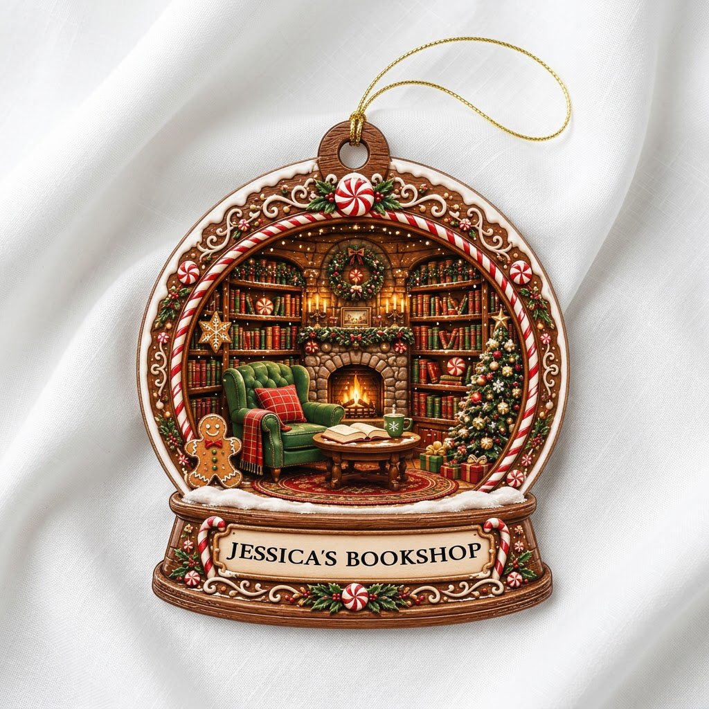 Snow globe ornament with candy-cane frame, cozy book-filled library, fireplace, tree, and 'JESSICA'S BOOKSHOP' nameplate