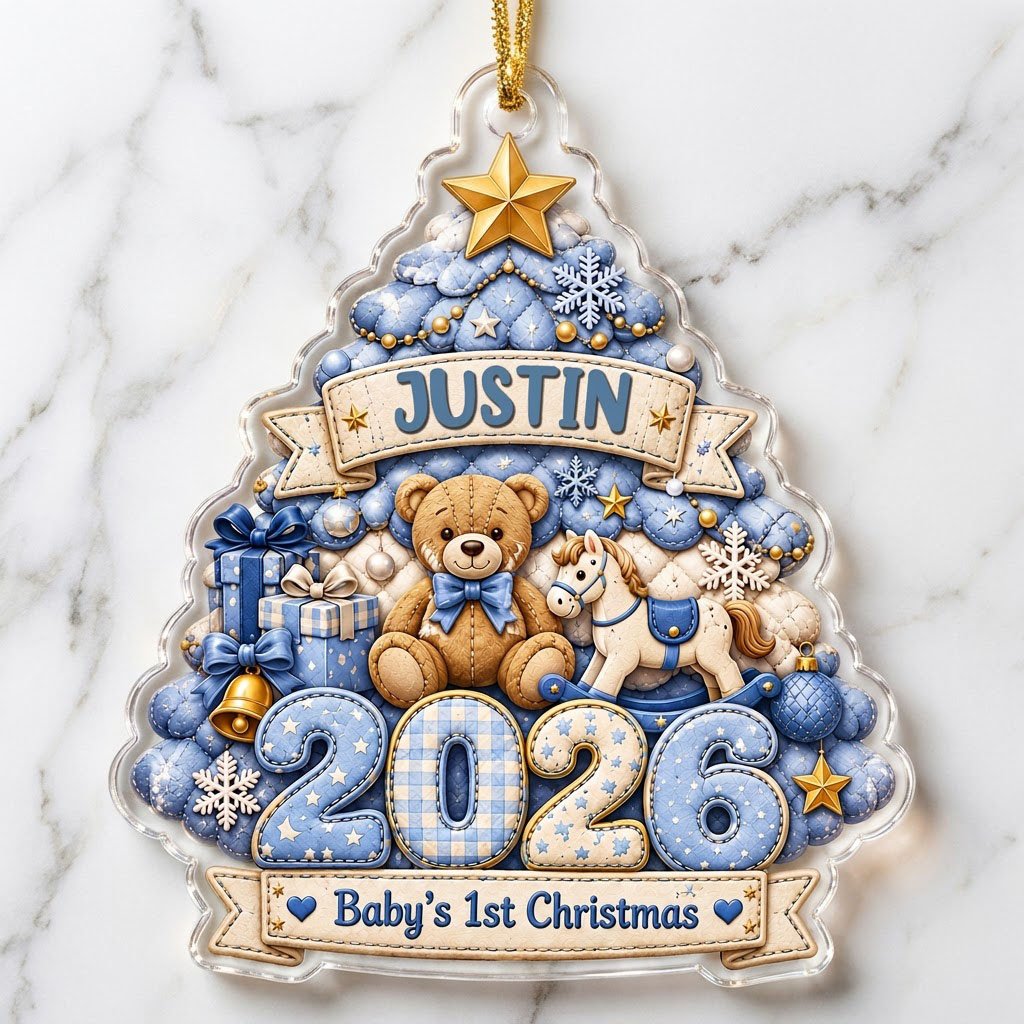 Acrylic tree ornament with teddy bear, rocking horse, Baby's 1st Christmas and quilted year in blue and gold.