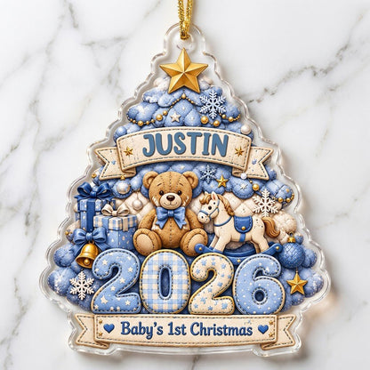 Acrylic tree ornament with teddy bear, rocking horse, Baby's 1st Christmas and quilted year in blue and gold.