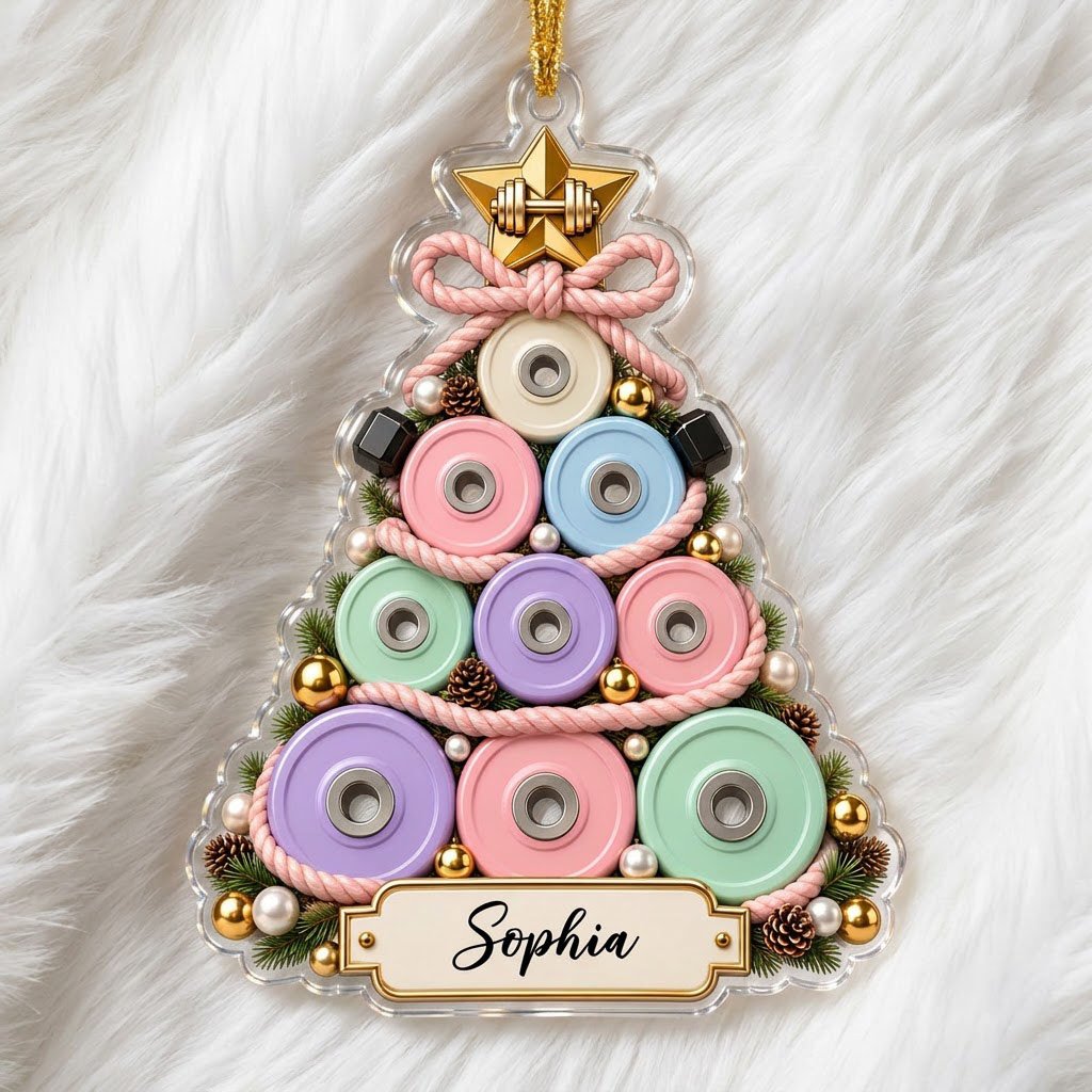 Acrylic Christmas tree ornament of stacked pastel weight plates with a gold star dumbbell and a cream name banner.