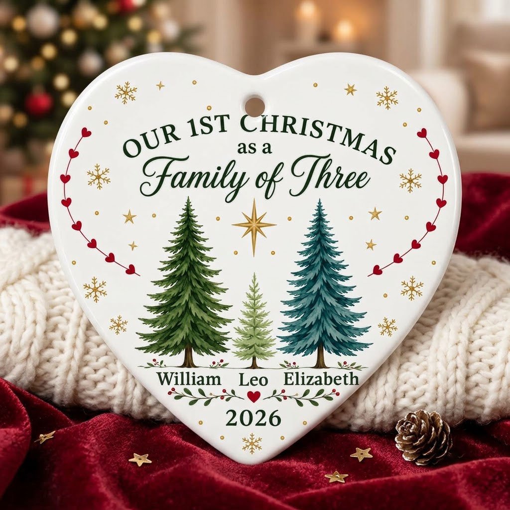 Our 1st Christmas As A Family Of Three Pine Trees - Personalized Heart Ceramic Ornament (Printed On Both Sides)