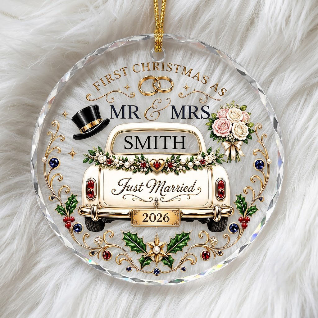 Personalized First Christmas as Mr & Mrs Vintage Getaway Car Round Glass Ornament