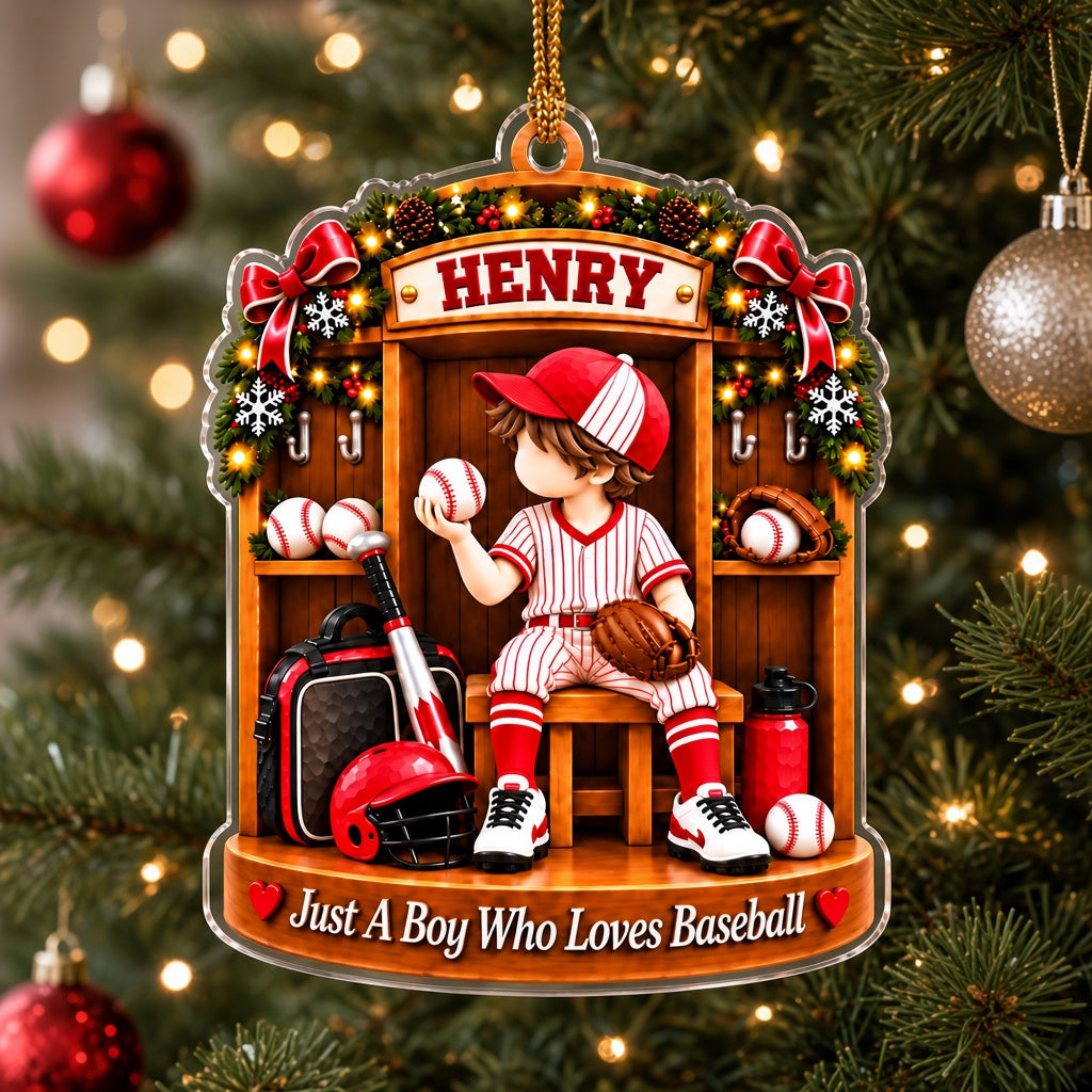 Acrylic ornament of a boy in red pinstripe baseball gear in a locker with garland and 'Just A Boy Who Loves Baseball'.