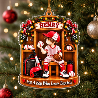 Acrylic ornament of a boy in red pinstripe baseball gear in a locker with garland and 'Just A Boy Who Loves Baseball'.