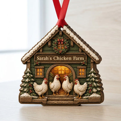 Personalized Winter Chicken Coop Wood Ornament, Custom Farmhouse Keepsake
