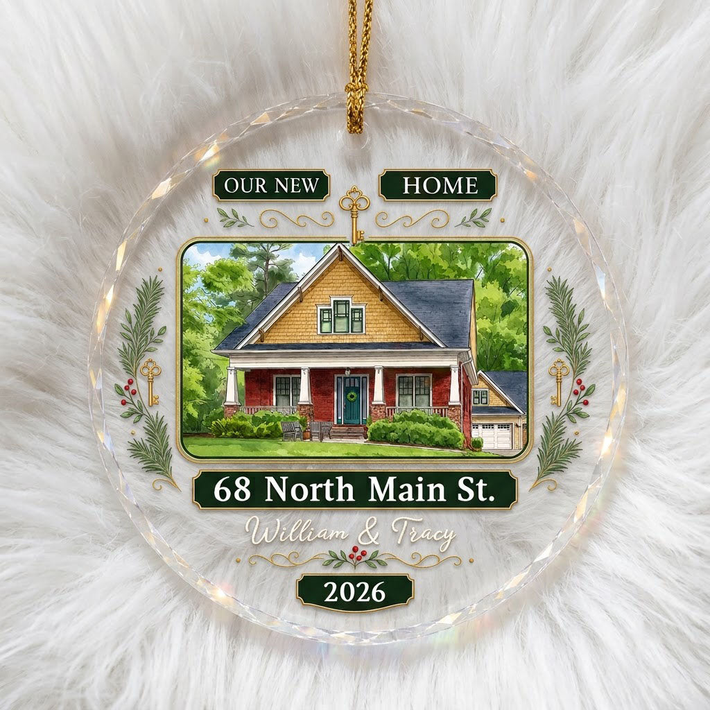 Round glass ornament with watercolor house, green and gold banners, gold key, pine branches, and address and year plaque