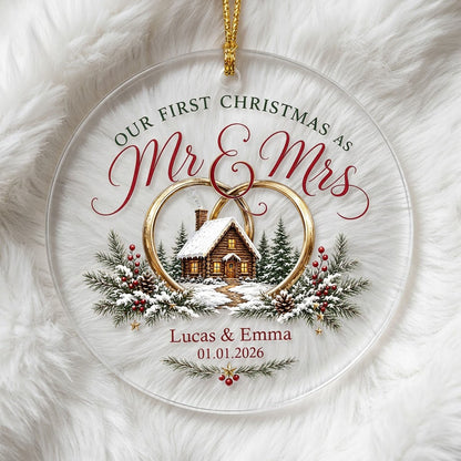 Personalized Our First Christmas as Mr & Mrs Winter Cabin Round Glass Ornament