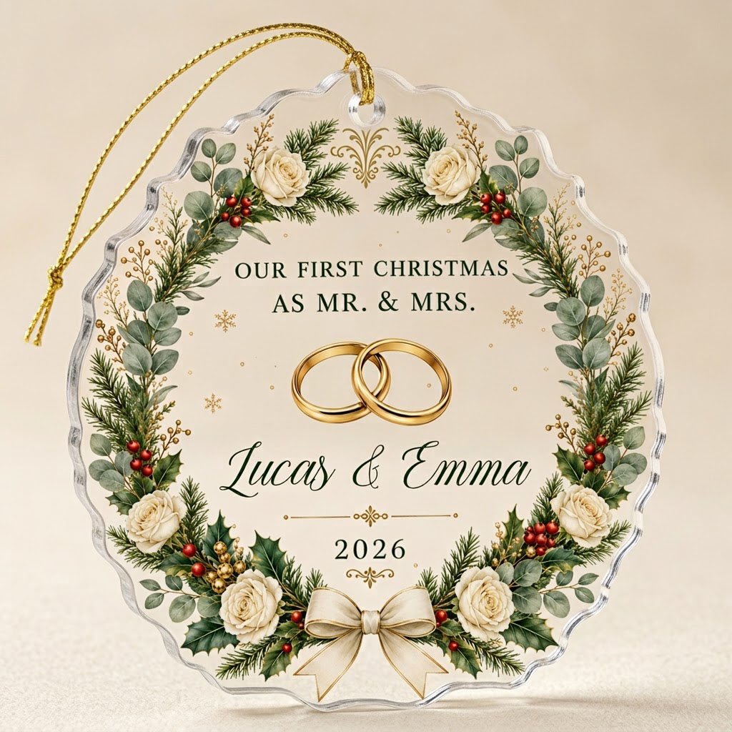 Personalized Our First Christmas as Mr & Mrs Acrylic Ornament, Custom Wedding Rings Floral Wreath Keepsake
