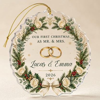 Personalized Our First Christmas as Mr & Mrs Acrylic Ornament, Custom Wedding Rings Floral Wreath Keepsake