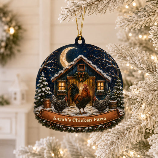Personalized Moonlit Chicken Coop Wood Ornament, Custom Farmhouse Keepsake