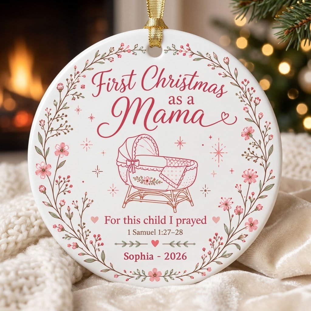 Round ceramic ornament with pink floral wreath, baby bassinet line art, stars, and First Christmas as a Mama.
